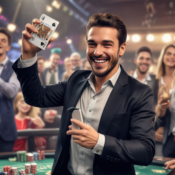 A gambler holds a smartphone in one hand, smiling while celebrating a big win on Laris88.