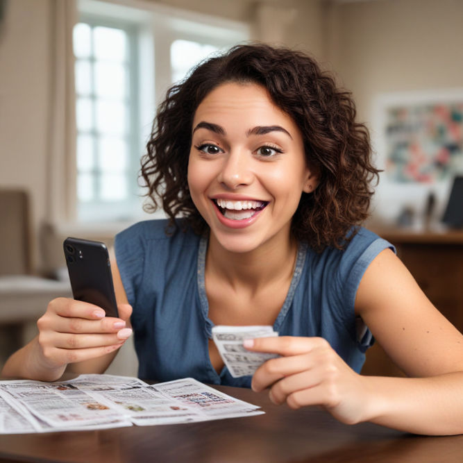 A person sits at a desk, looking excited while playing a live lottery game on their smartphone.