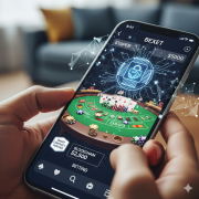 A close-up, high-angle photo of a smartphone screen displaying a futuristic online gambling interface.