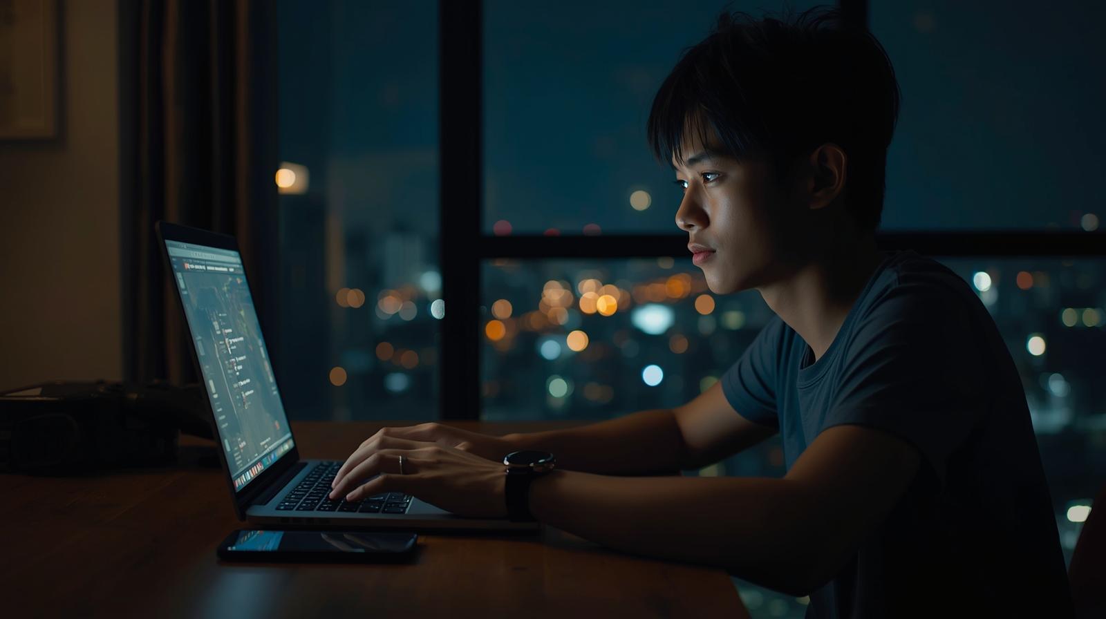 Young Malaysian adult playing online slots on laptop with blurred glowing screen.
