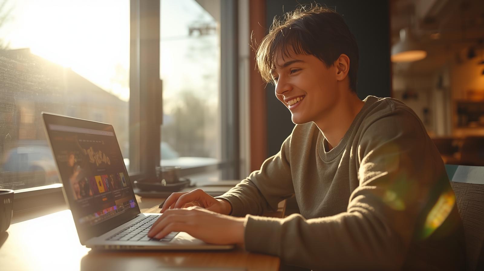 Smiling Norwegian browsing casino bonuses on laptop in sunny modern café setting.
