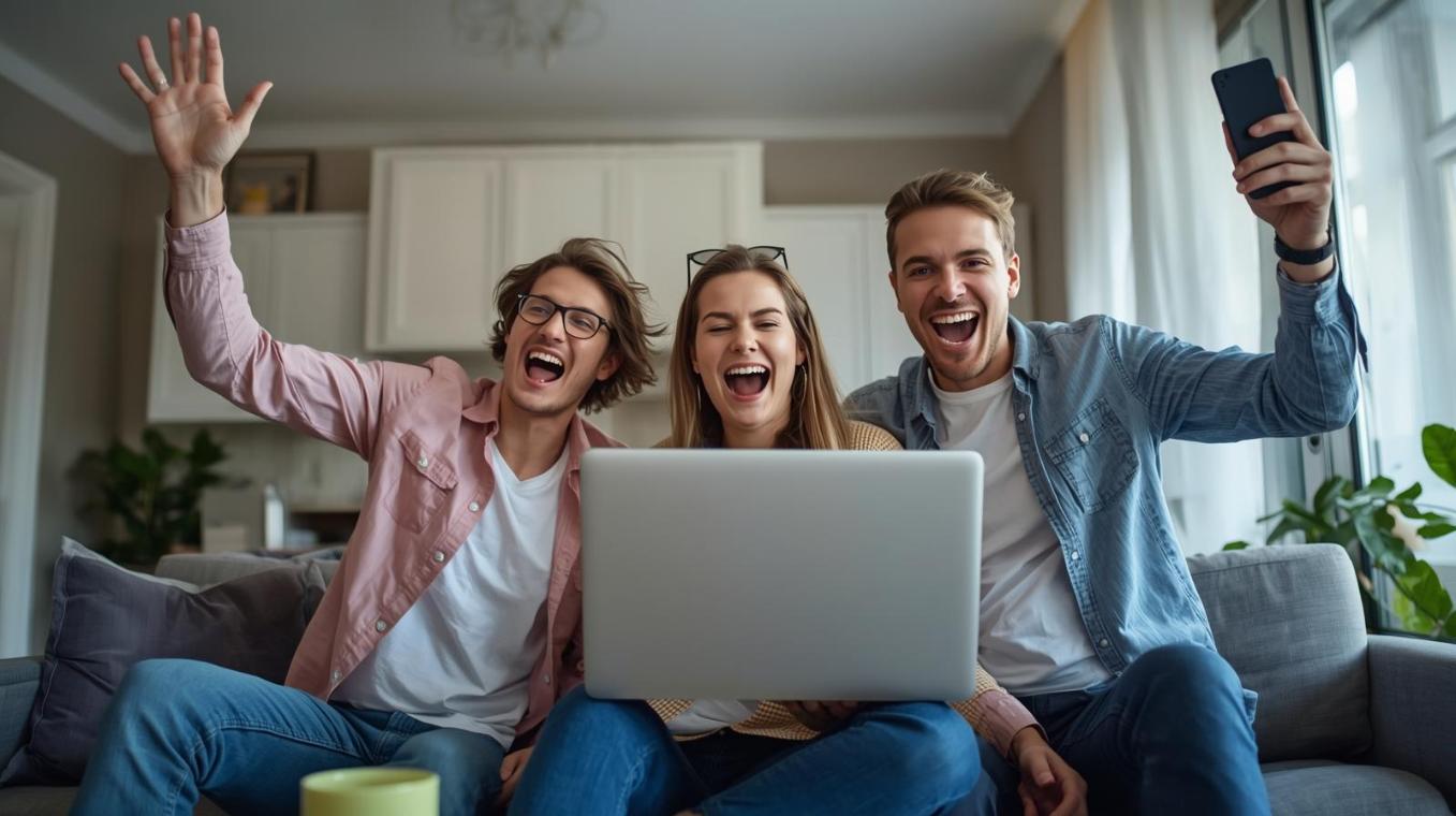 People celebrating an online gambling win at home using personal digital devices.