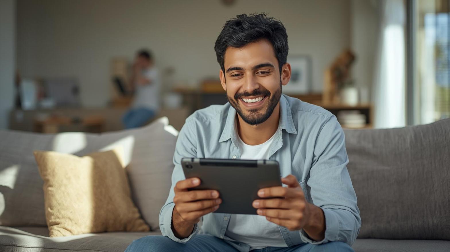 Young man using tablet at home enjoying casual mobile casino gaming
