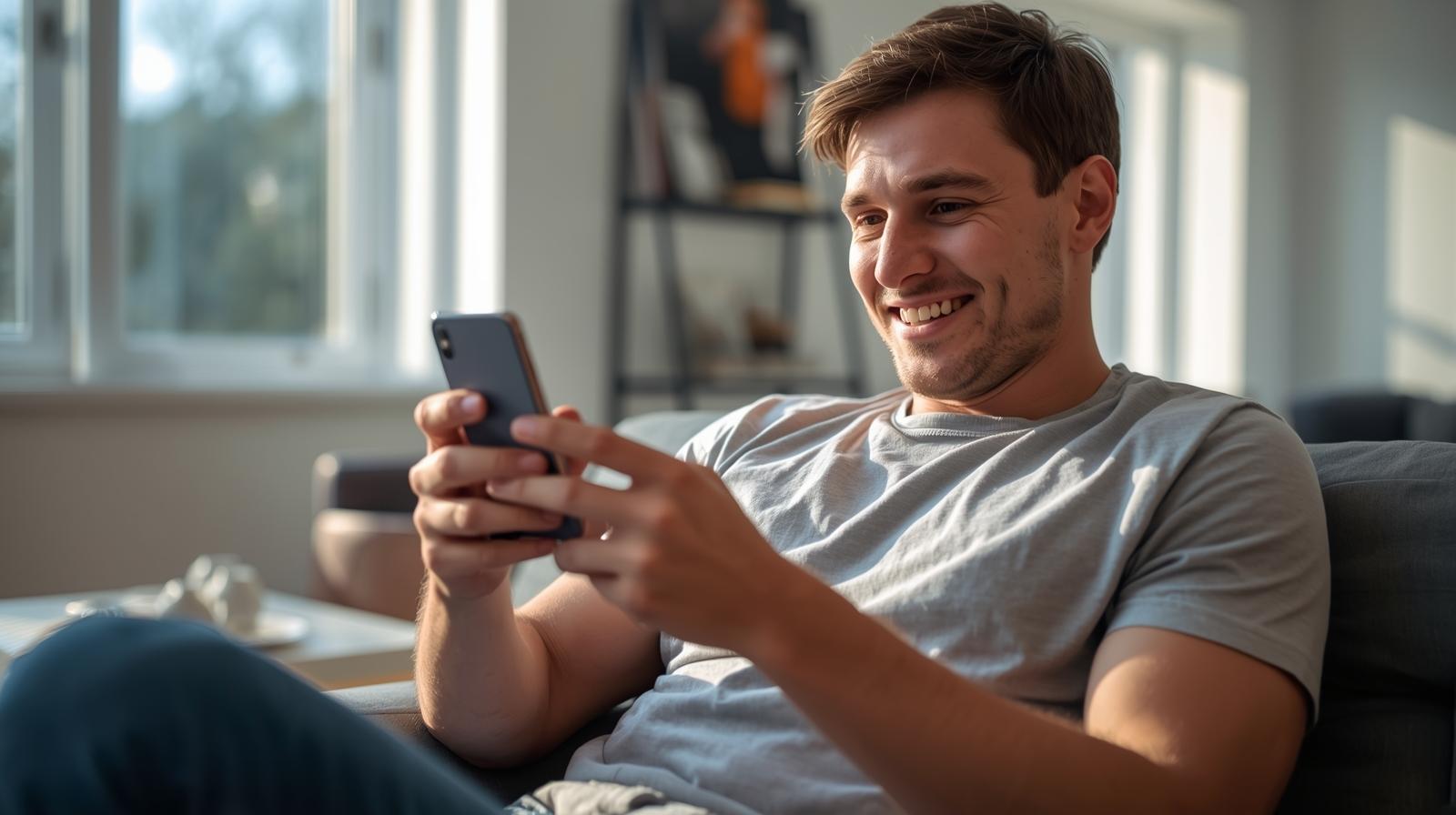 Smiling man enjoying immersive mobile mini casino gaming at home.