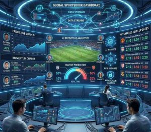 A futuristic sportsbook control room featuring AI-powered analytics screens displaying sports data charts, predictive graphs, automated odds updates, and a digital interface with glowing blue technology elements.