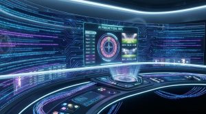 Futuristic gambling interface with AI circuitry, live data streams, holographic betting elements, glowing screens, advanced technology and innovation theme.