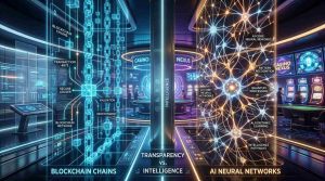 A split futuristic scene showing blockchain chains glowing on one side and AI neural networks on the other with digital casino elements in the background.