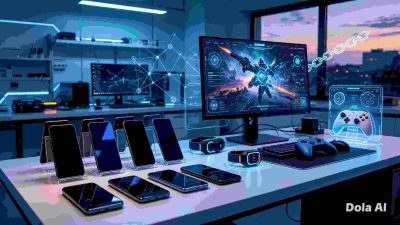 Futuristic gaming technology laboratory with smartphones, computer displays, digital networks, advanced gaming interfaces, and subtle blockchain-inspired elements